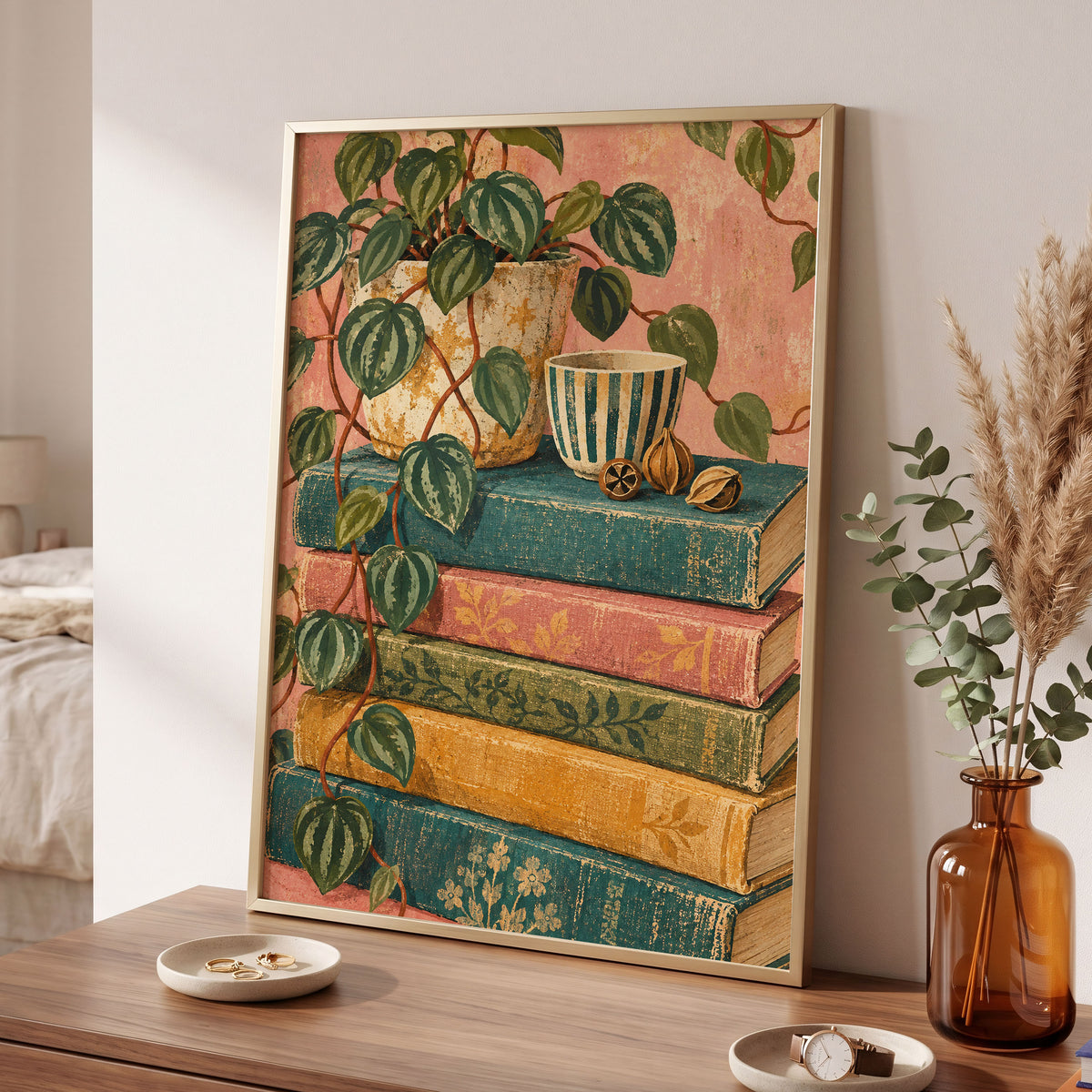 Leaves Between Volumes, green, pink, blue nature wall art displayed in a styled interior, gallery view 2