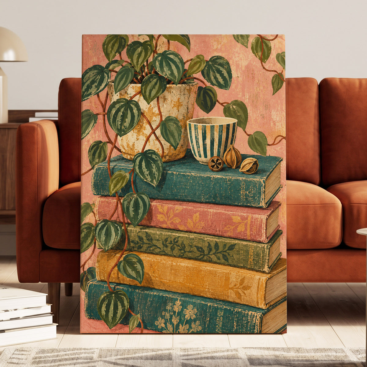 Leaves Between Volumes, green, pink, blue nature wall art displayed in a styled interior, gallery view 3