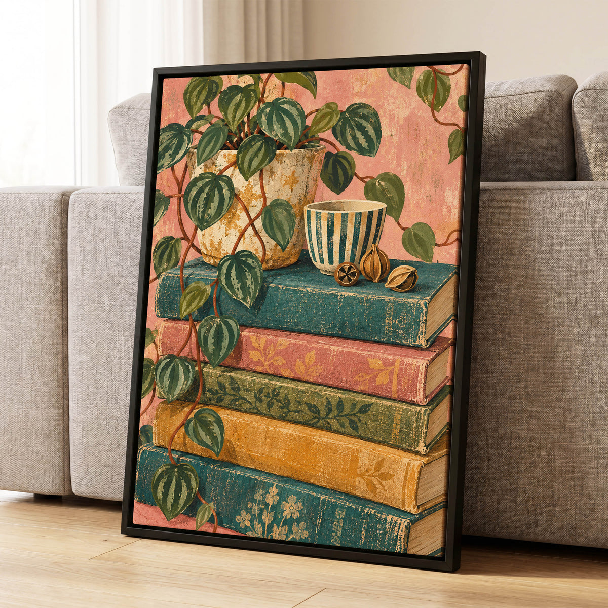Leaves Between Volumes, green, pink, blue nature wall art displayed in a styled interior, gallery view 4