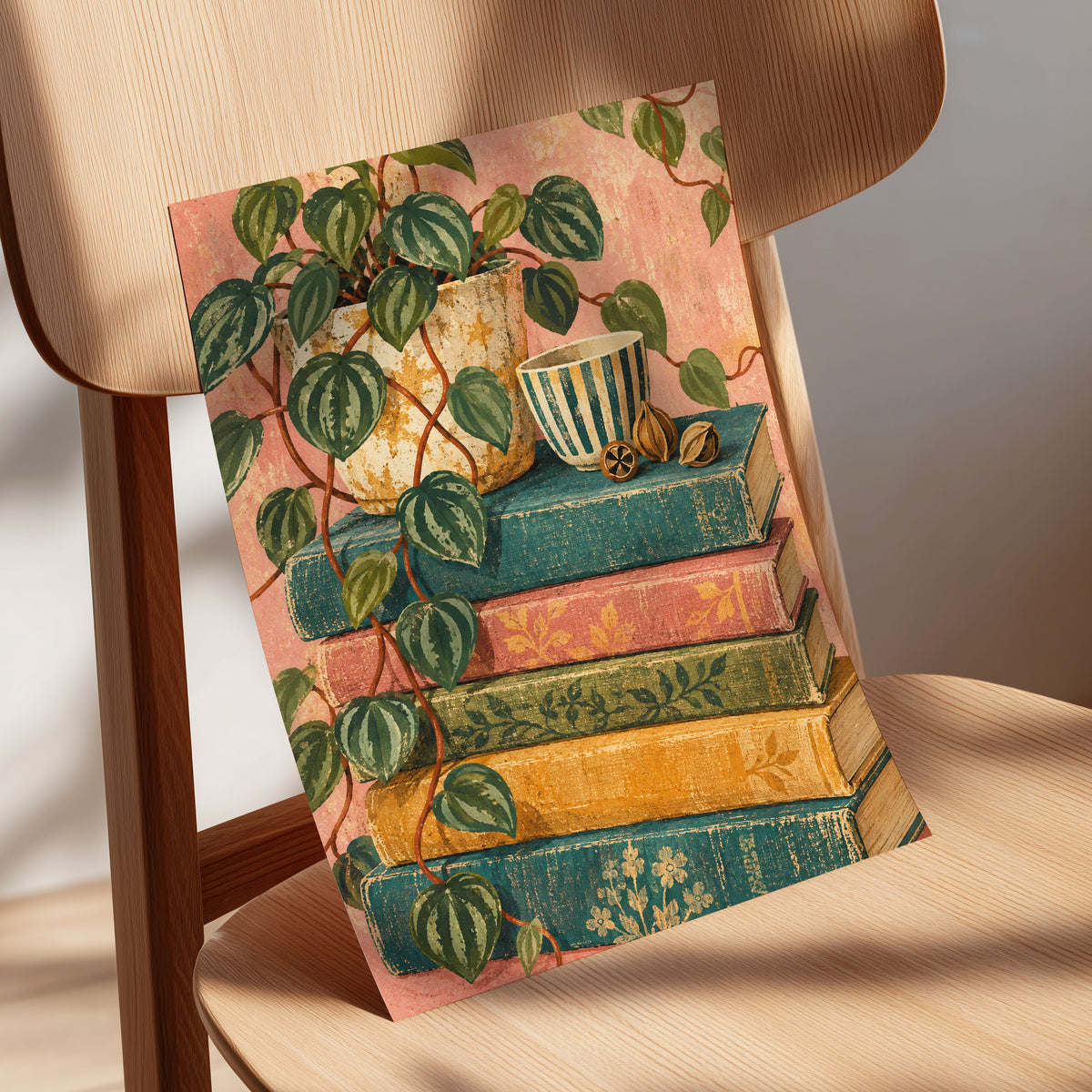 Leaves Between Volumes, green, pink, blue nature wall art displayed in a styled interior, gallery view 5