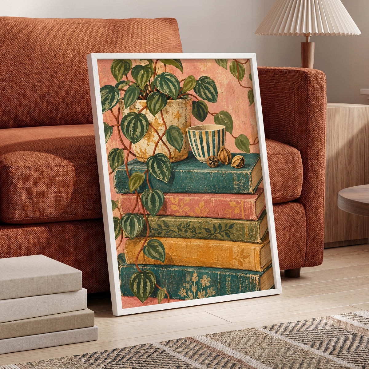Leaves Between Volumes, green, pink, blue nature wall art displayed in a styled interior, gallery view 6