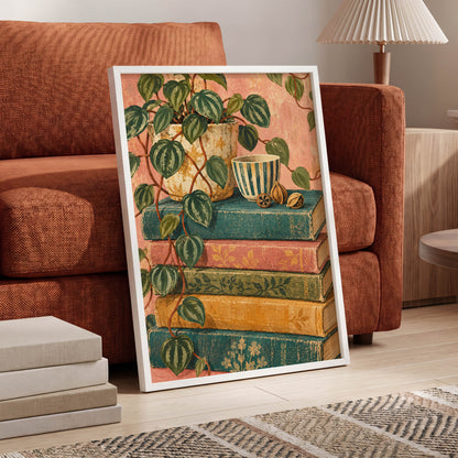 Leaves Between Volumes, green, pink, blue nature wall art displayed in a styled interior, gallery view 6