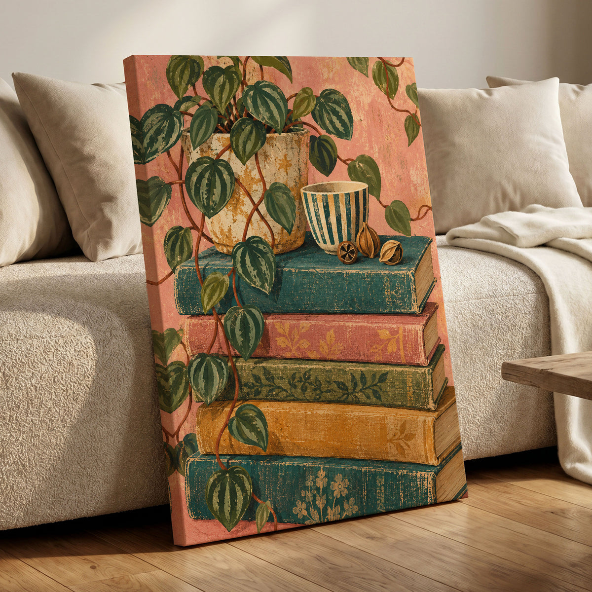 Leaves Between Volumes, green, pink, blue nature wall art displayed in a styled interior, gallery view 7