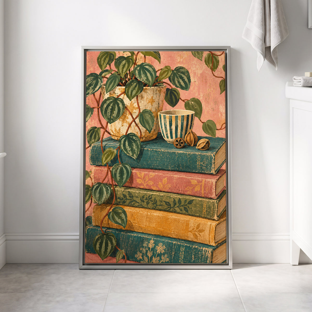 Leaves Between Volumes, green, pink, blue nature wall art displayed in a styled interior, gallery view 8