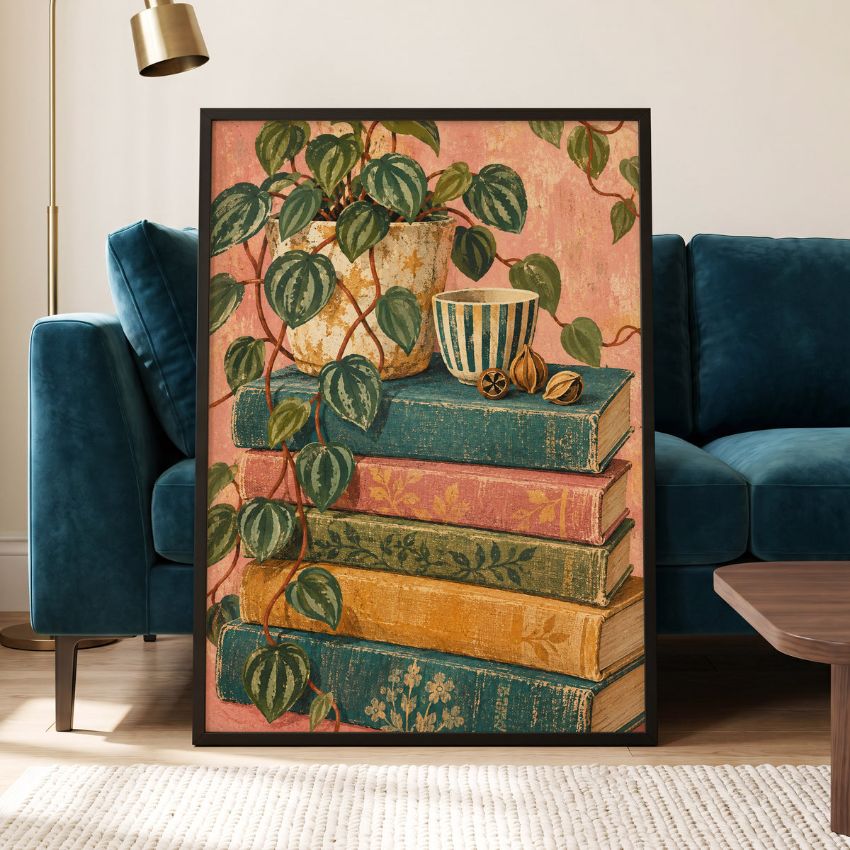 Leaves Between Volumes, green, pink, blue nature wall art displayed in a styled interior, gallery view 9