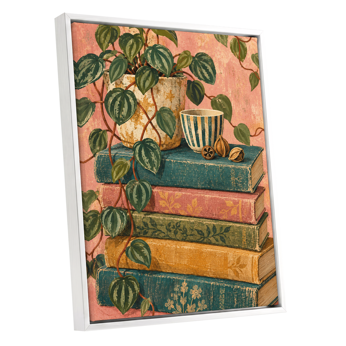 Leaves Between Volumes, green, pink, blue nature wall art shown as a white framed canvas wall art