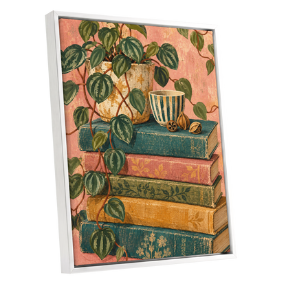 Leaves Between Volumes, green, pink, blue nature wall art shown as a white framed canvas wall art