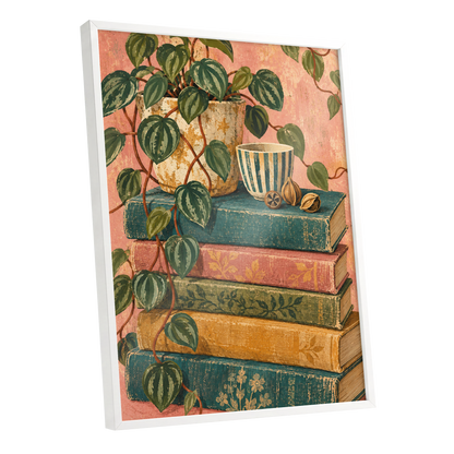 Leaves Between Volumes, green, pink, blue nature wall art shown as a white framed poster wall art print