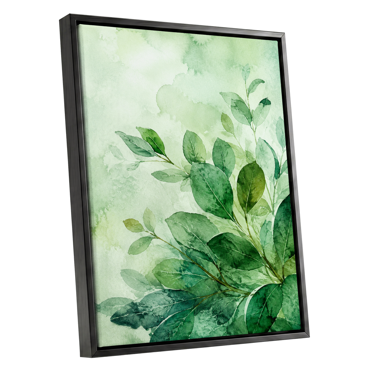 Leaves in Quiet Light, green, white, yellow nature wall art shown as a black framed canvas wall art