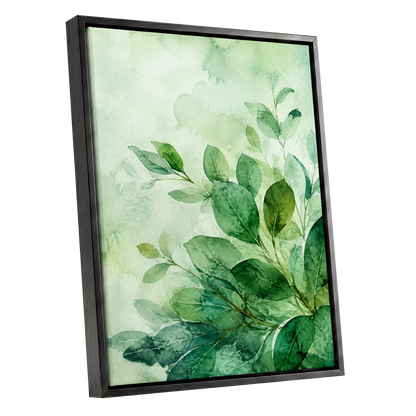 Leaves in Quiet Light, green, white, yellow nature wall art shown as a black framed canvas wall art