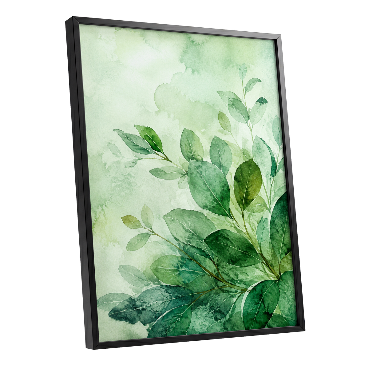 Leaves in Quiet Light, green, white, yellow nature wall art shown as a black framed poster wall art print