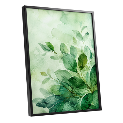 Leaves in Quiet Light, green, white, yellow nature wall art shown as a black framed poster wall art print