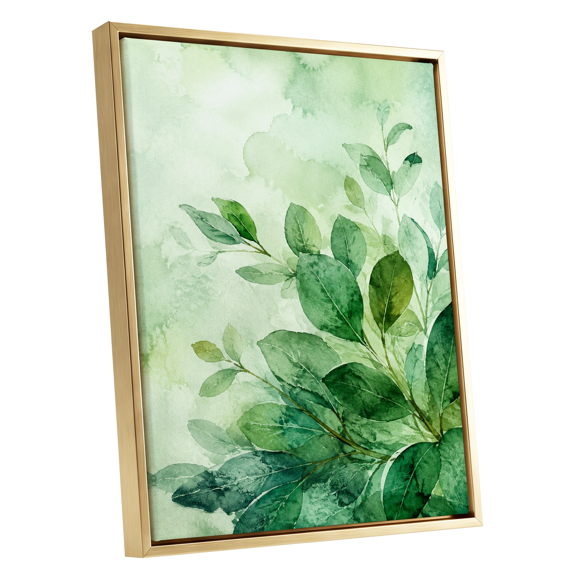 Leaves in Quiet Light, green, white, yellow nature wall art shown as a gold framed canvas wall art