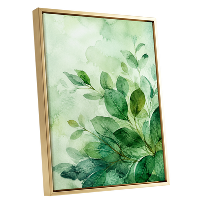 Leaves in Quiet Light, green, white, yellow nature wall art shown as a gold framed canvas wall art