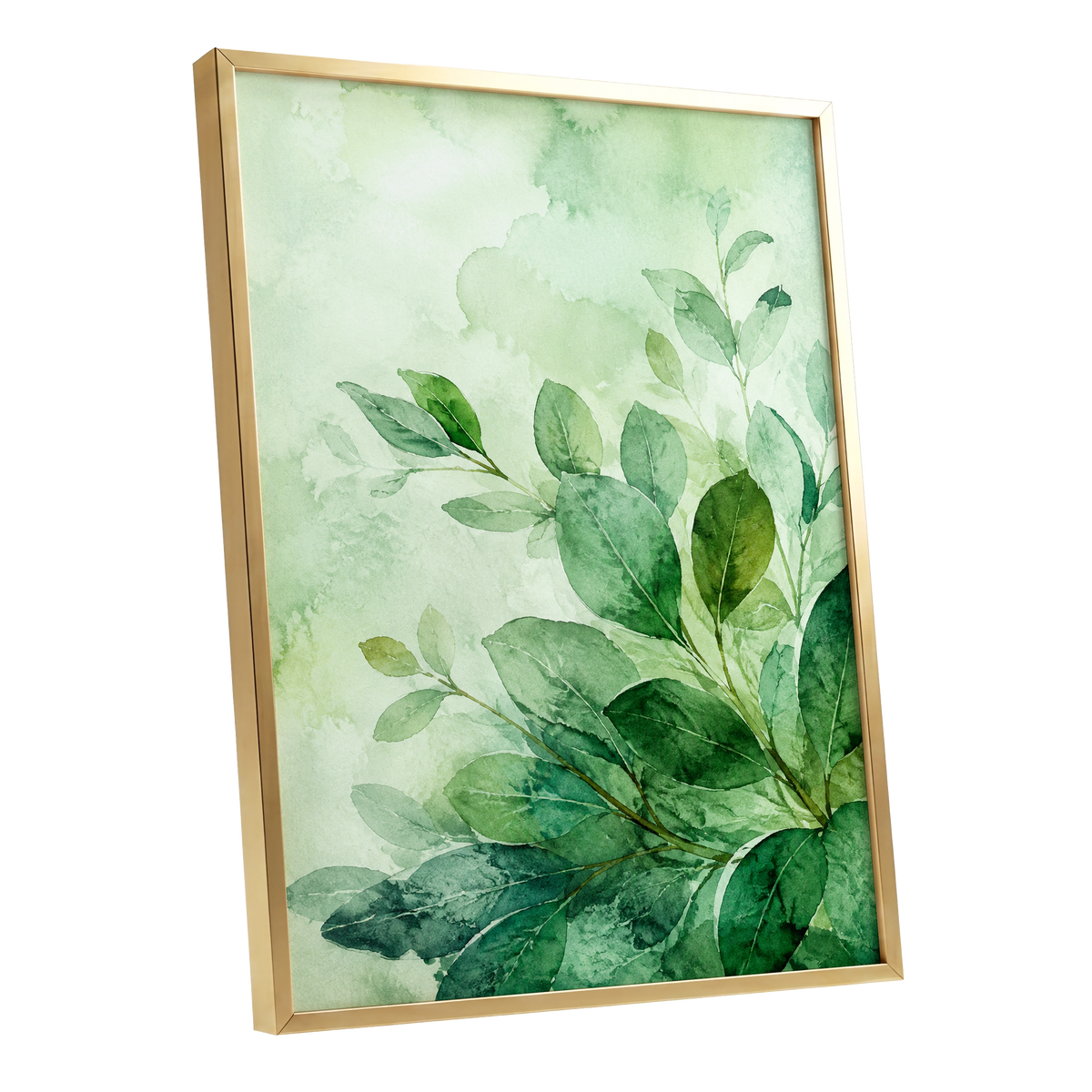 Leaves in Quiet Light, green, white, yellow nature wall art shown as a gold framed poster wall art print