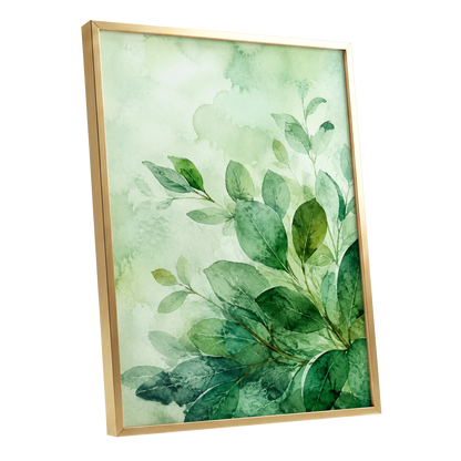 Leaves in Quiet Light, green, white, yellow nature wall art shown as a gold framed poster wall art print