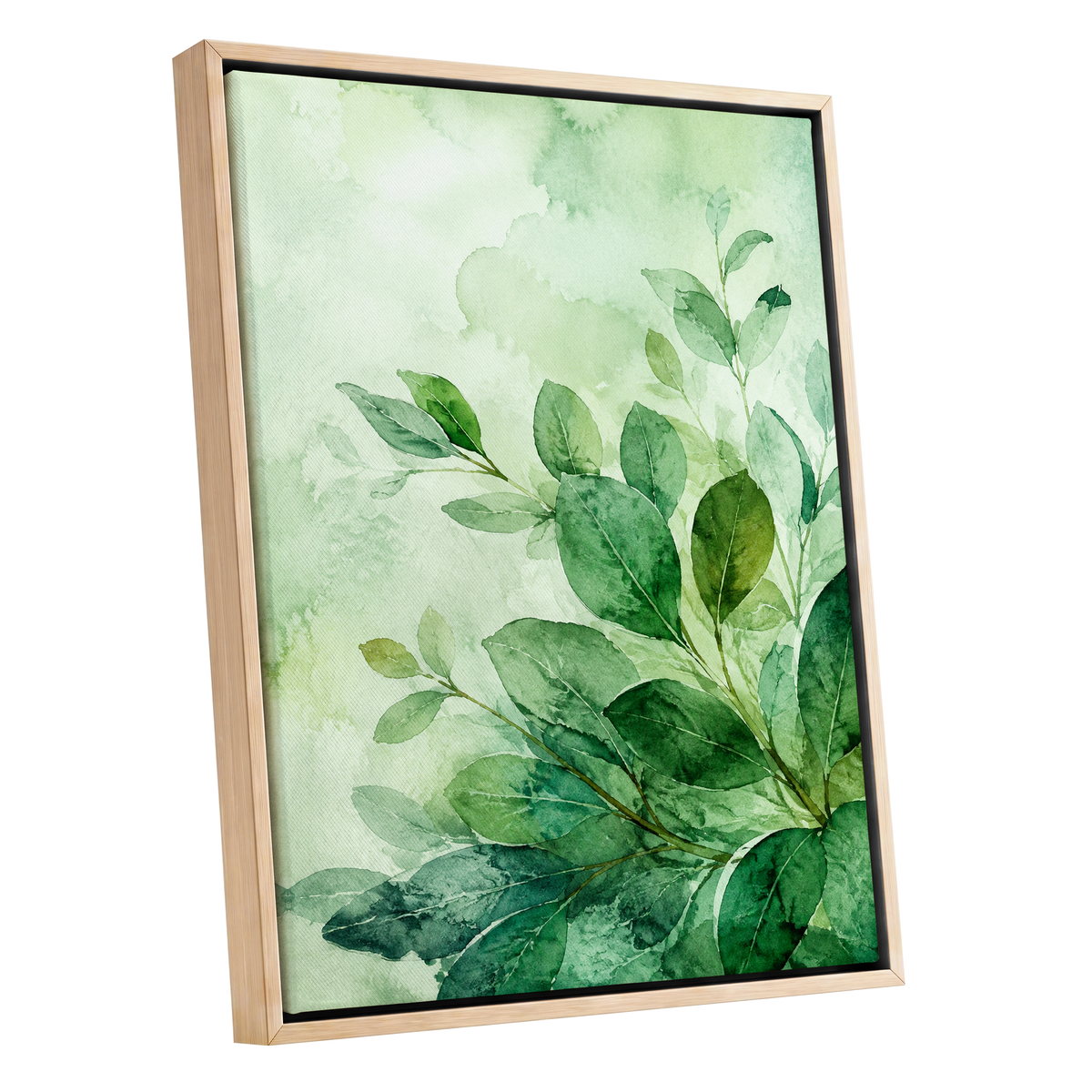 Leaves in Quiet Light, green, white, yellow nature wall art shown as a oak framed canvas wall art