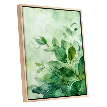 Leaves in Quiet Light, green, white, yellow nature wall art shown as a oak framed canvas wall art