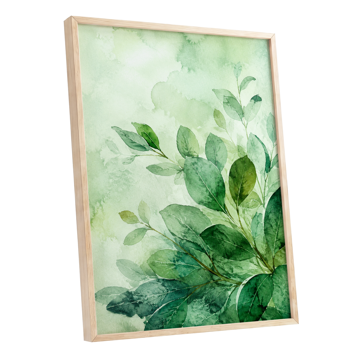 Leaves in Quiet Light, green, white, yellow nature wall art shown as a oak framed poster wall art print