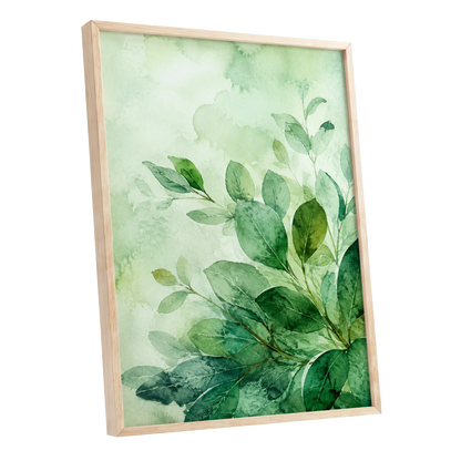 Leaves in Quiet Light, green, white, yellow nature wall art shown as a oak framed poster wall art print