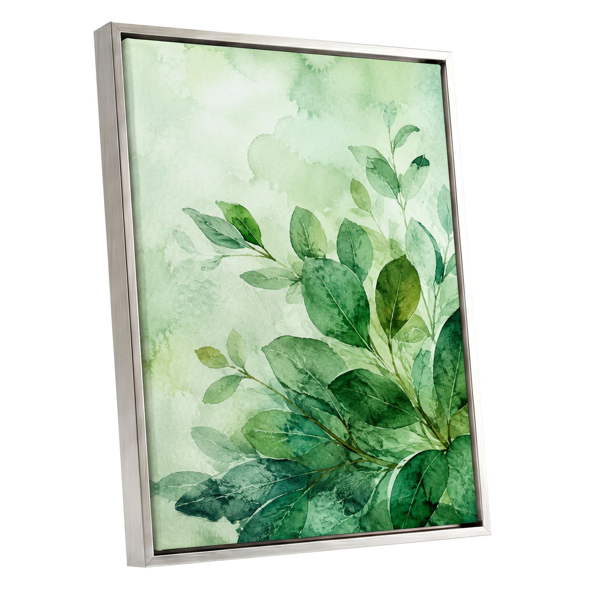 Leaves in Quiet Light, green, white, yellow nature wall art shown as a silver framed canvas wall art