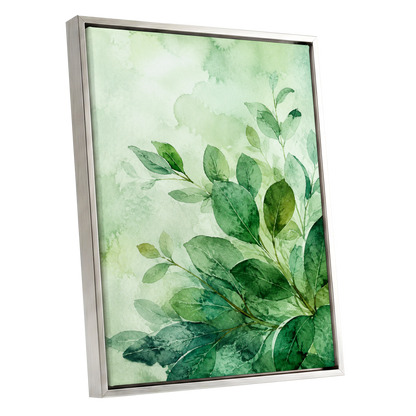 Leaves in Quiet Light, green, white, yellow nature wall art shown as a silver framed canvas wall art