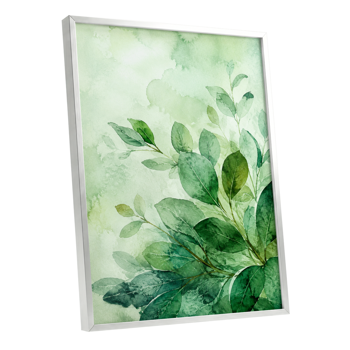 Leaves in Quiet Light, green, white, yellow nature wall art shown as a silver framed poster wall art print