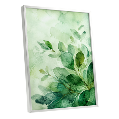 Leaves in Quiet Light, green, white, yellow nature wall art shown as a silver framed poster wall art print