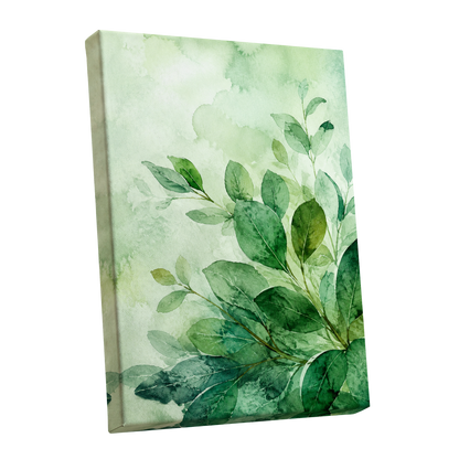 Leaves in Quiet Light, green, white, yellow nature wall art shown as a stretched canvas wall art