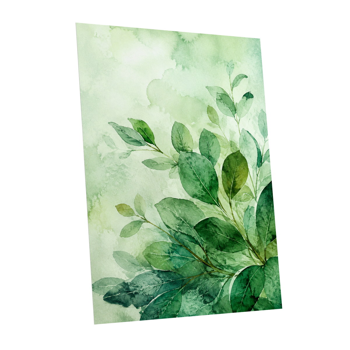 Leaves in Quiet Light, green, white, yellow nature wall art shown as a unframed poster wall art print