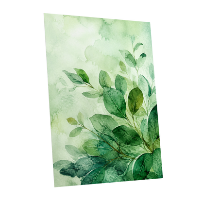Leaves in Quiet Light, green, white, yellow nature wall art shown as a unframed poster wall art print