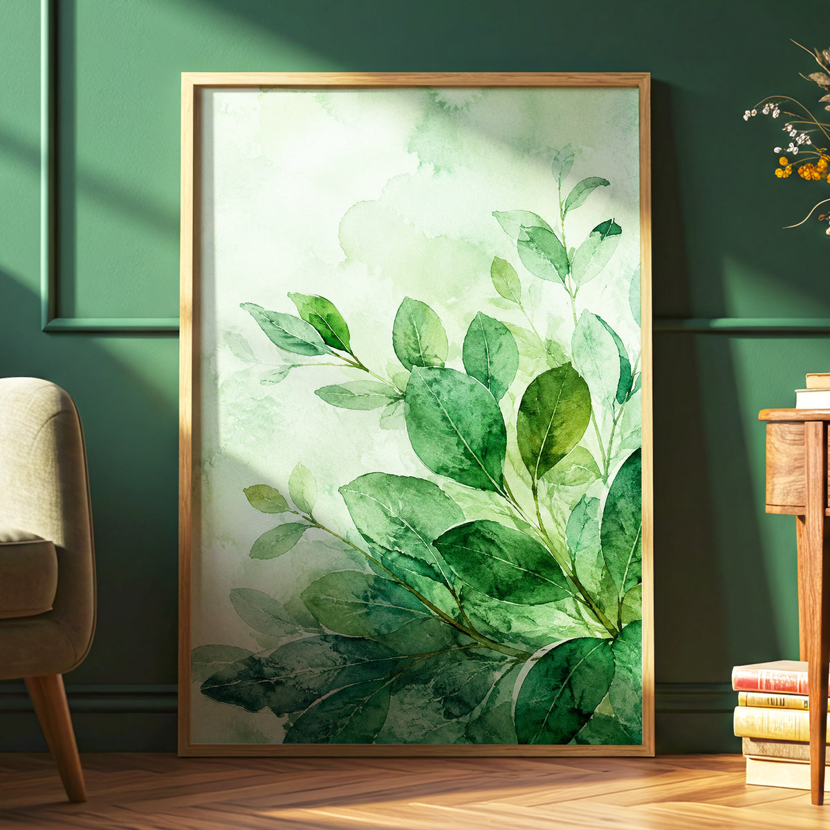 Leaves in Quiet Light, green, white, yellow nature wall art displayed in a styled interior, gallery view 2