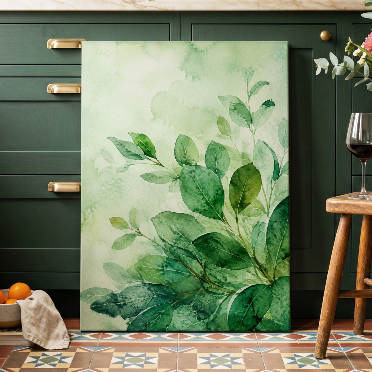 Leaves in Quiet Light, green, white, yellow nature wall art displayed in a styled interior, gallery view 3