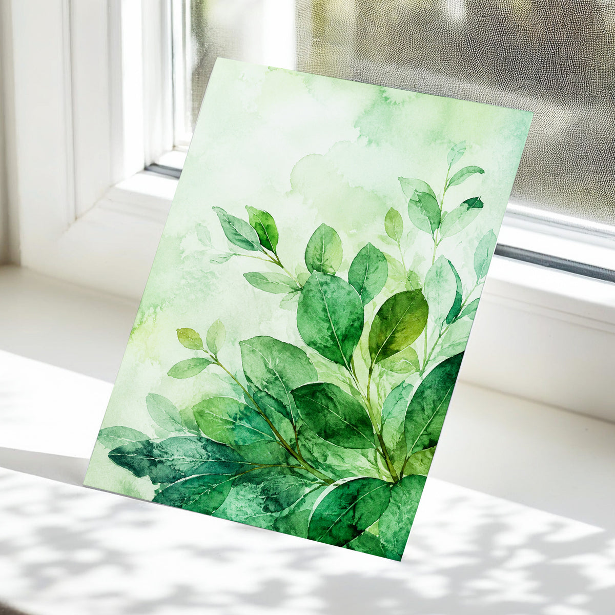 Leaves in Quiet Light, green, white, yellow nature wall art displayed in a styled interior, gallery view 5