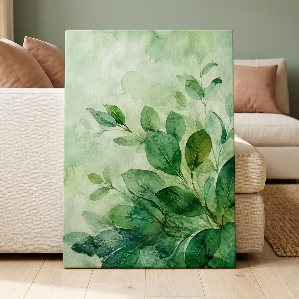 Leaves in Quiet Light, green, white, yellow nature wall art displayed in a styled interior, gallery view 7