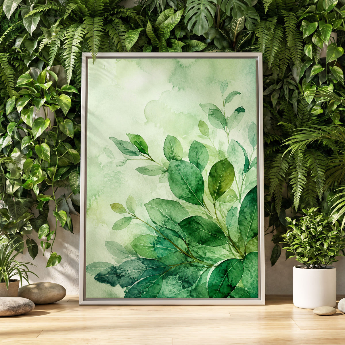 Leaves in Quiet Light, green, white, yellow nature wall art displayed in a styled interior, gallery view 8