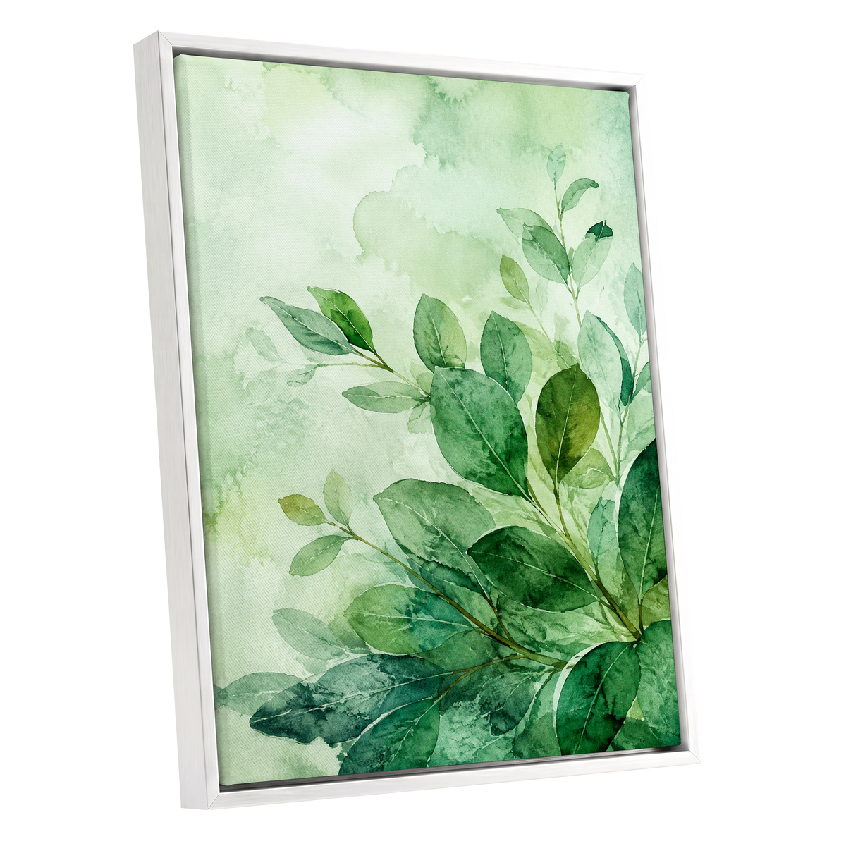 Leaves in Quiet Light, green, white, yellow nature wall art shown as a white framed canvas wall art