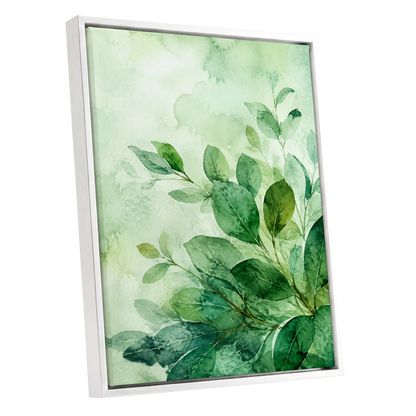 Leaves in Quiet Light, green, white, yellow nature wall art shown as a white framed canvas wall art