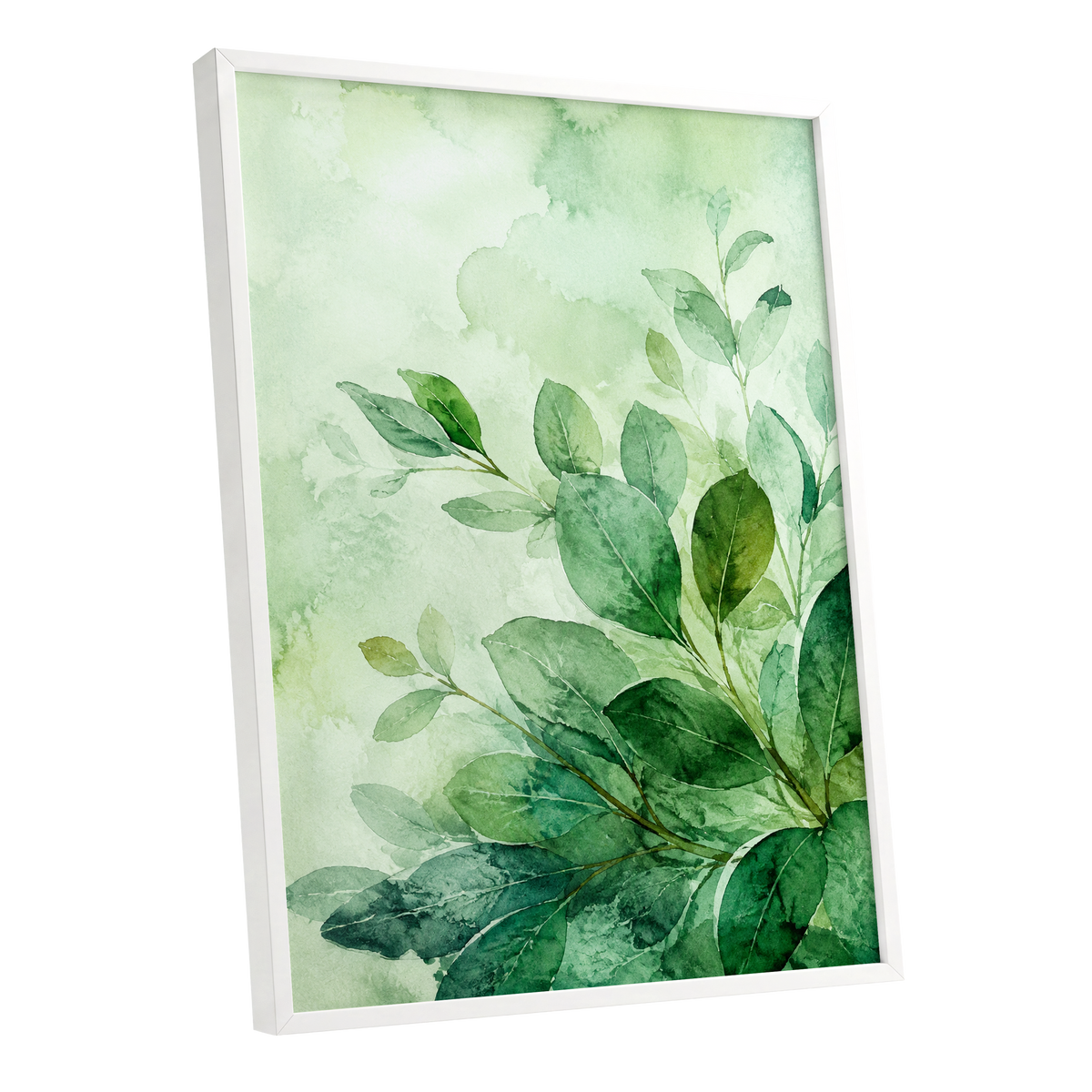 Leaves in Quiet Light, green, white, yellow nature wall art shown as a white framed poster wall art print