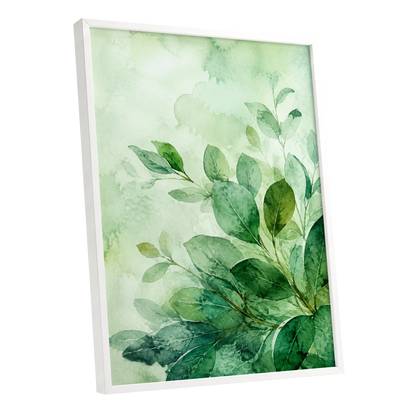 Leaves in Quiet Light, green, white, yellow nature wall art shown as a white framed poster wall art print
