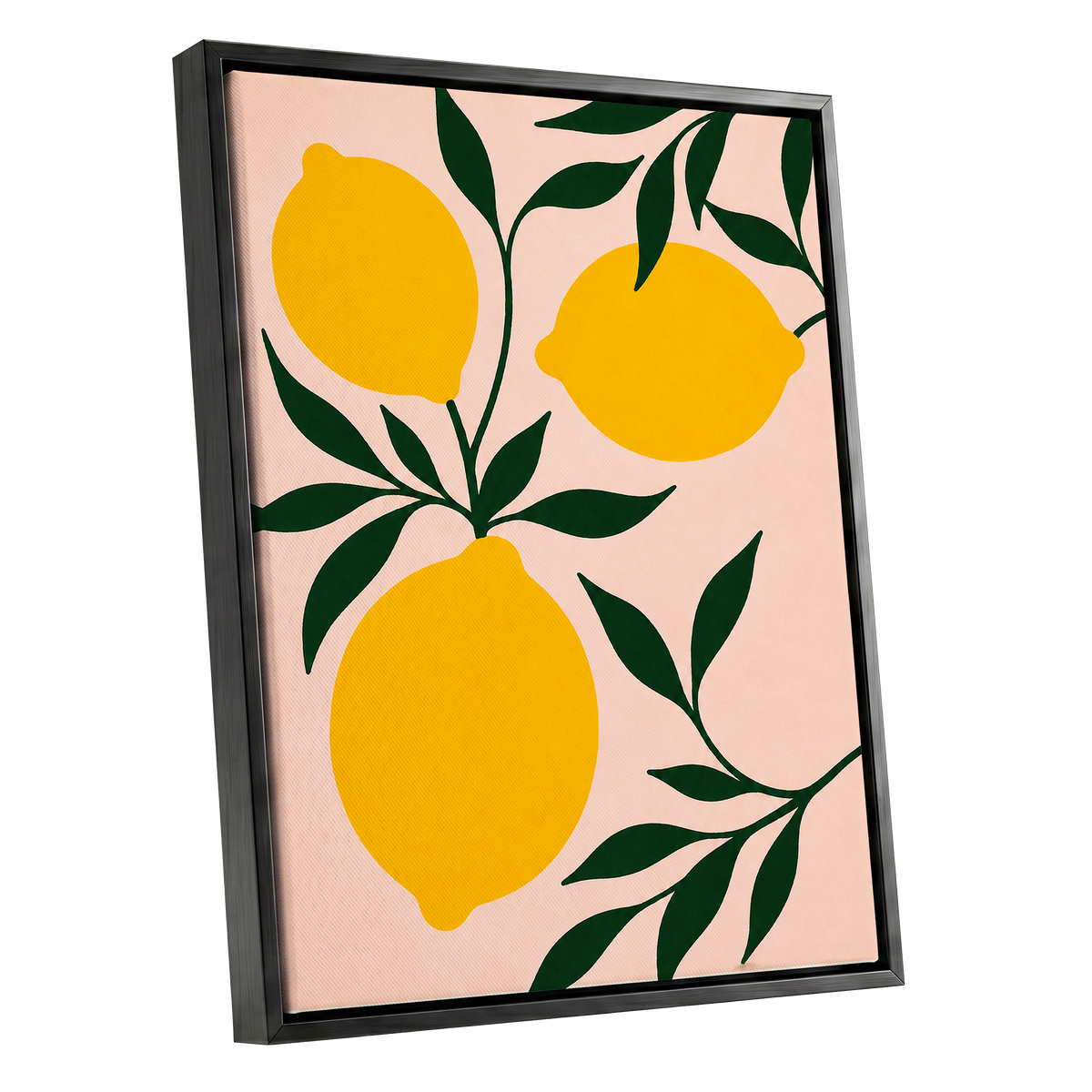 Lemon Boughs, yellow, green, pink nature wall art shown as a black framed canvas wall art