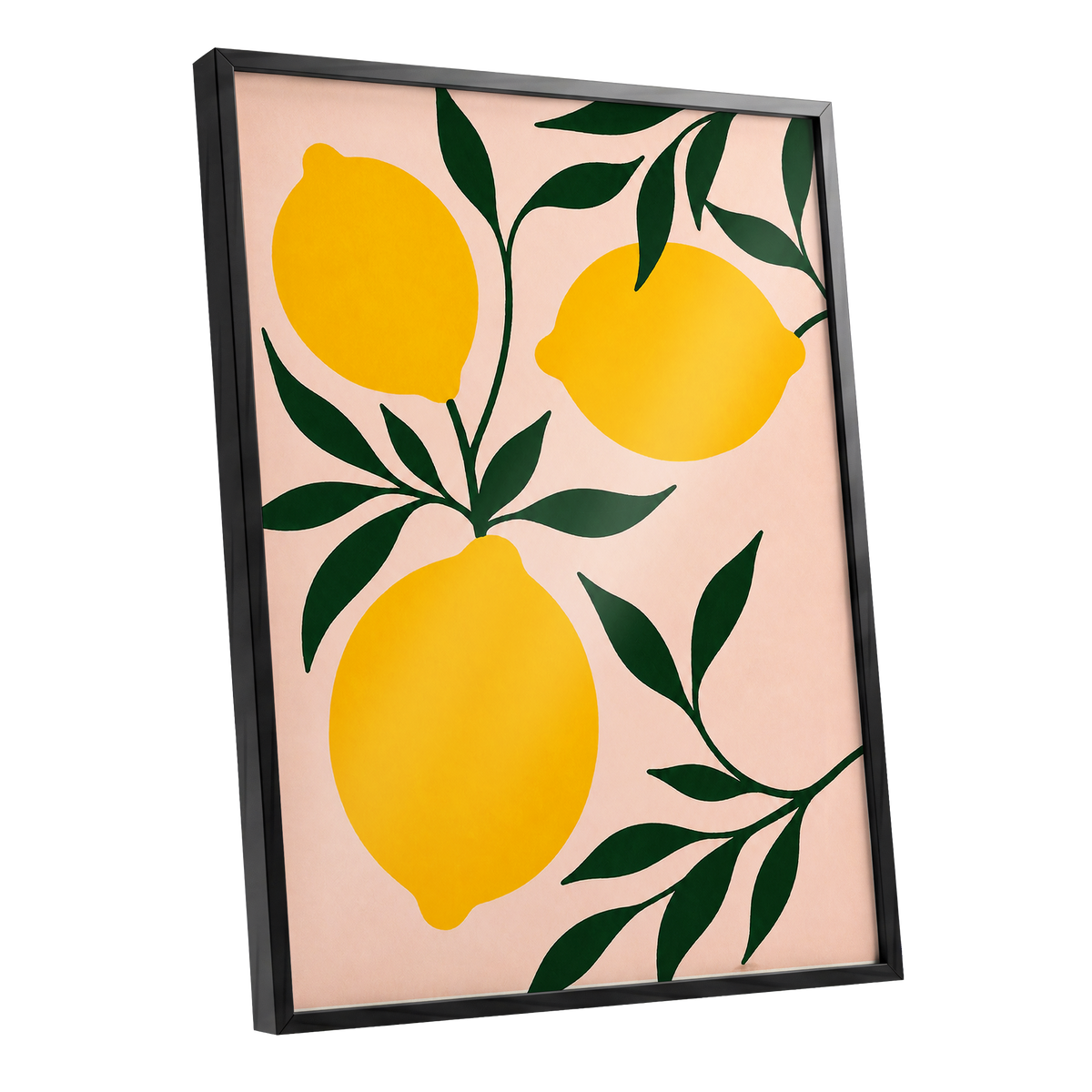 Lemon Boughs, yellow, green, pink nature wall art shown as a black framed poster wall art print