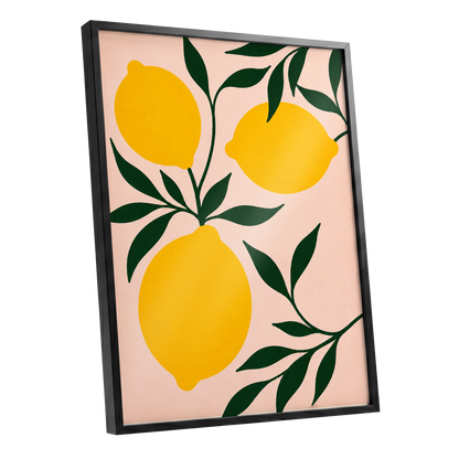 Lemon Boughs, yellow, green, pink nature wall art shown as a black framed poster wall art print