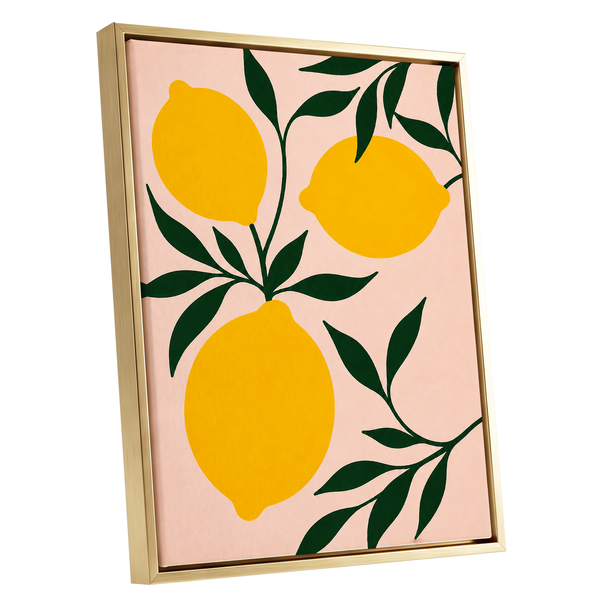 Lemon Boughs, yellow, green, pink nature wall art shown as a gold framed canvas wall art