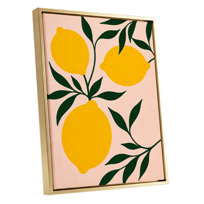 Lemon Boughs, yellow, green, pink nature wall art shown as a gold framed canvas wall art