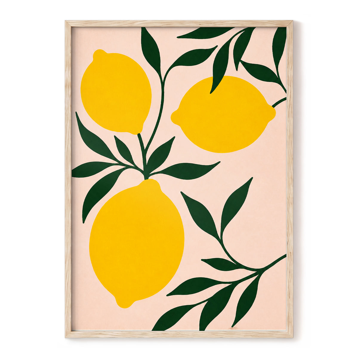 Lemon Boughs, yellow, green, pink nature wall art, front artwork view