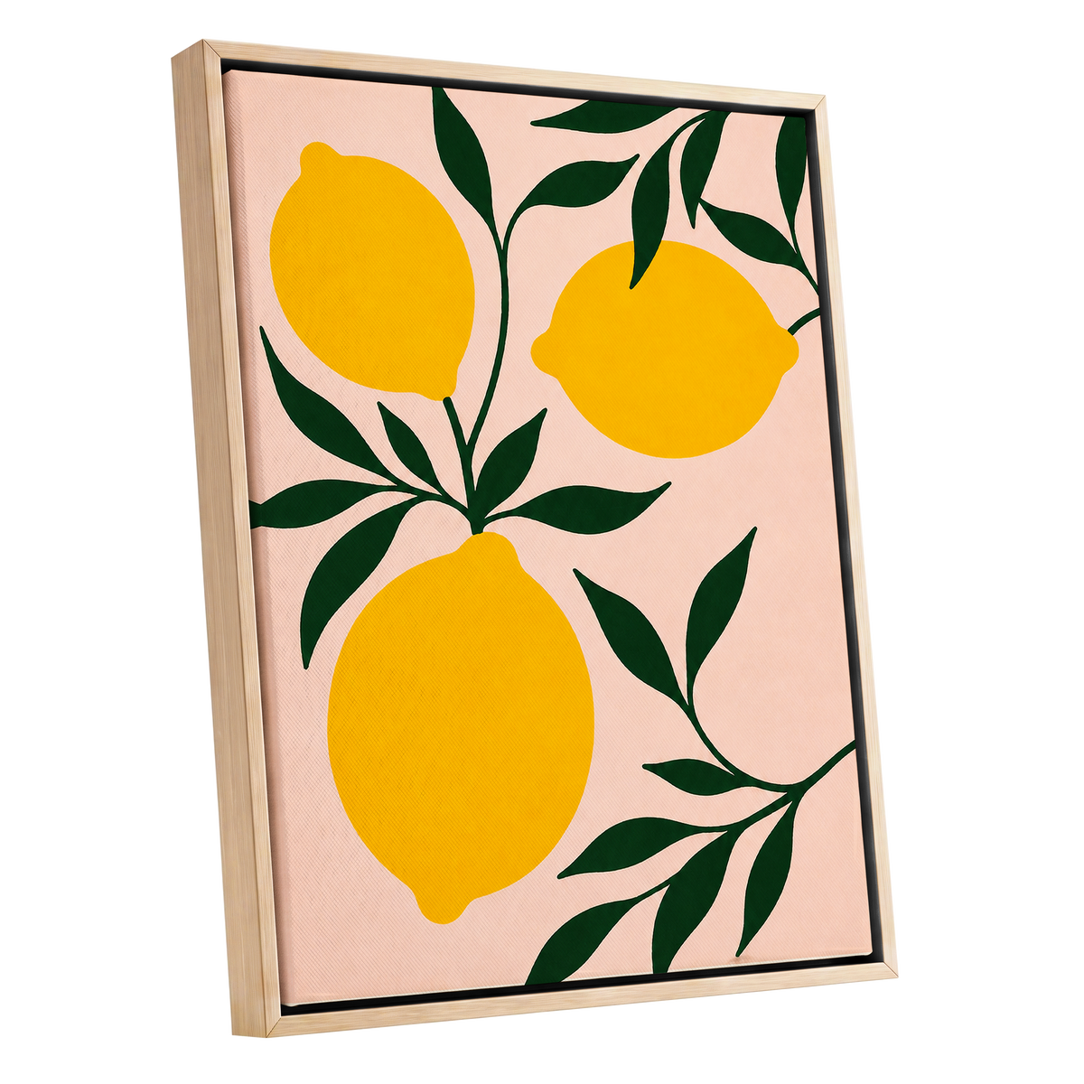 Lemon Boughs, yellow, green, pink nature wall art shown as a oak framed canvas wall art
