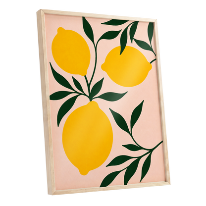 Lemon Boughs, yellow, green, pink nature wall art shown as a oak framed poster wall art print