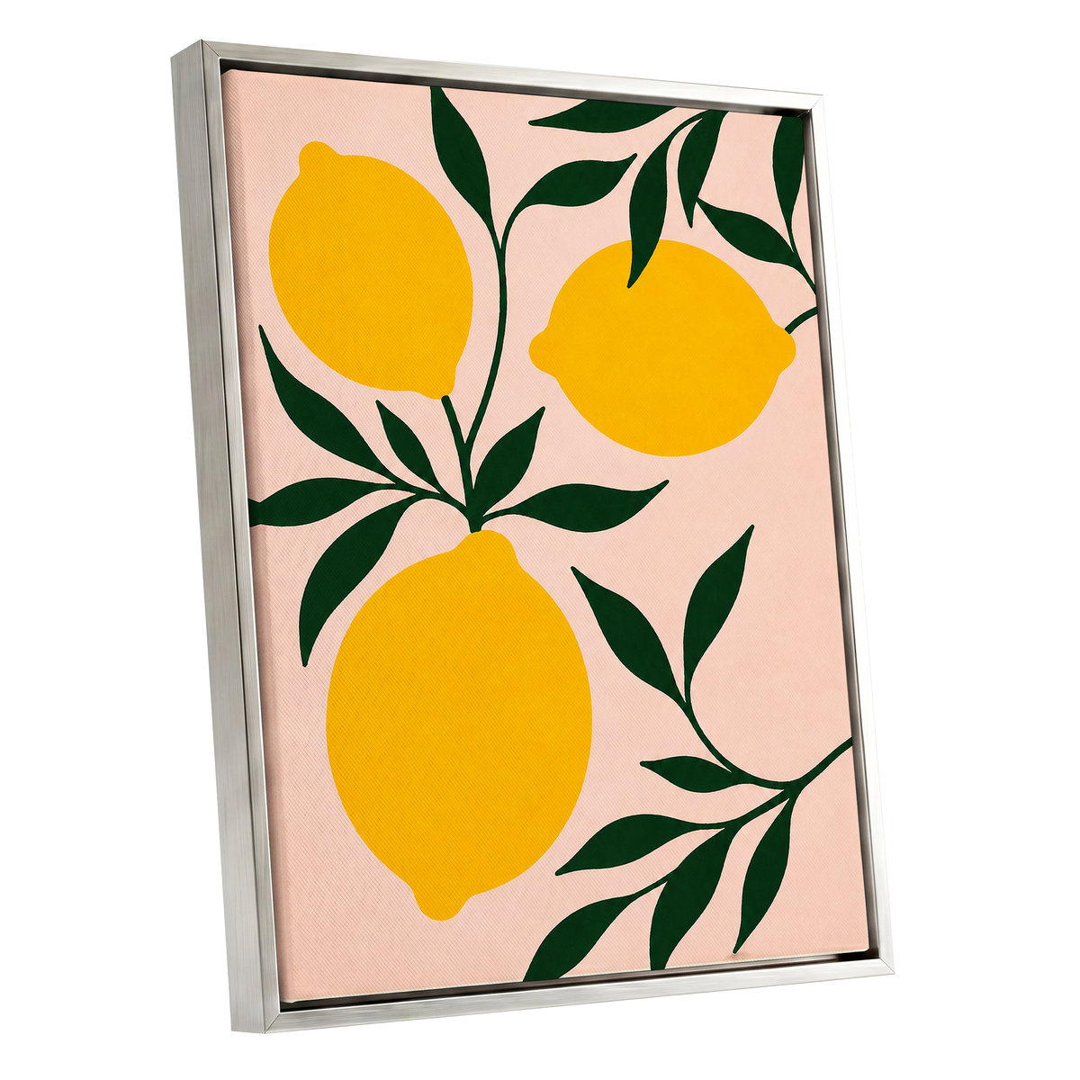 Lemon Boughs, yellow, green, pink nature wall art shown as a silver framed canvas wall art