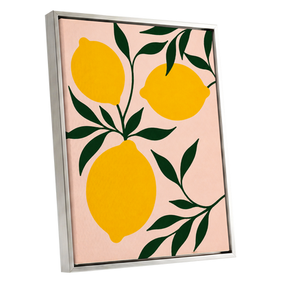Lemon Boughs, yellow, green, pink nature wall art shown as a silver framed canvas wall art